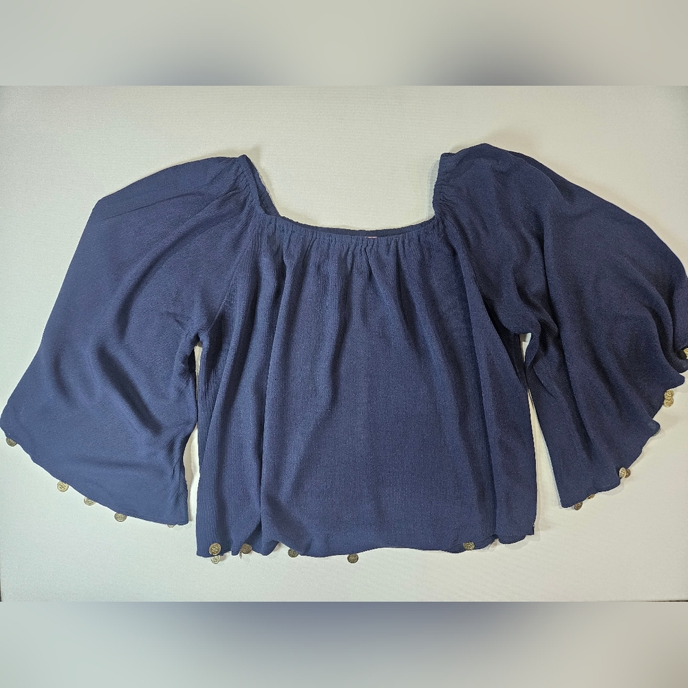 Lilly Pulitzer‎ Blouse Womens Small Navy Boatneck Gold Flowy Festival Classy